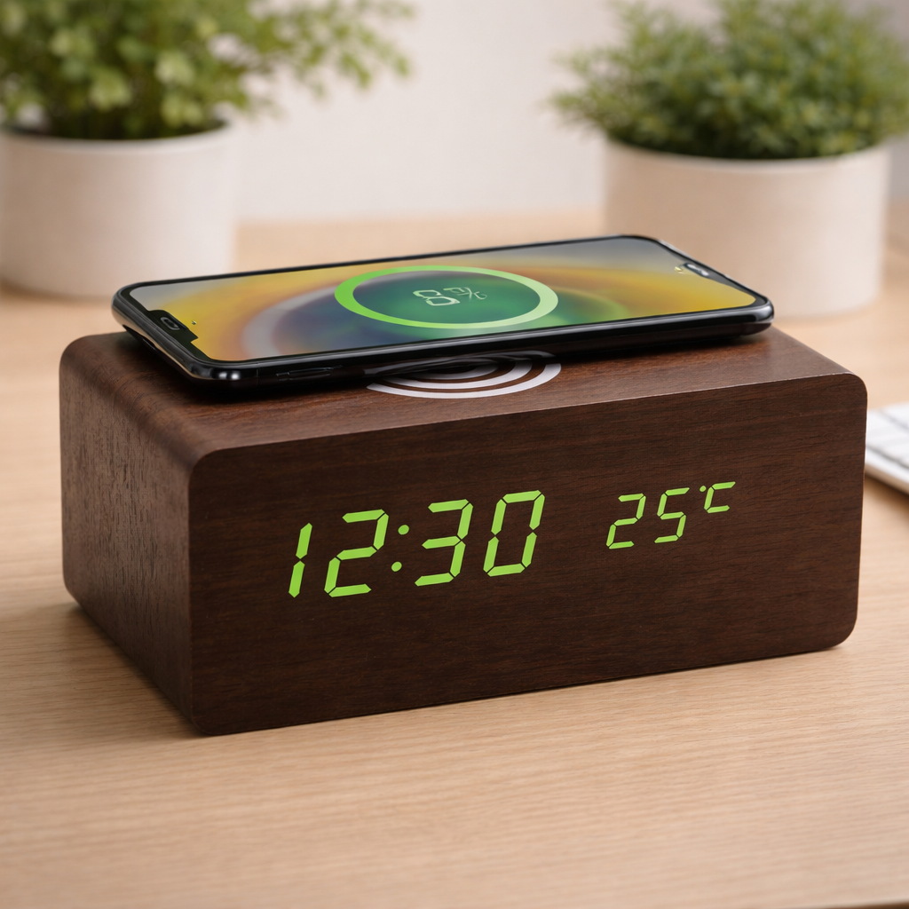 Wood Sync – Sveglia in legno con ricarica wireless Qi