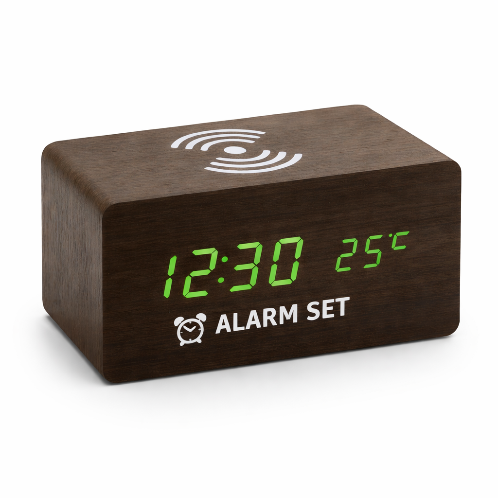 Wood Sync – Sveglia in legno con ricarica wireless Qi