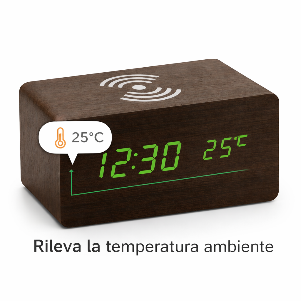 Wood Sync – Sveglia in legno con ricarica wireless Qi